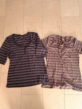 2 Calvin Klein Black and Brown Henley Neck Striped T-shirts-Large